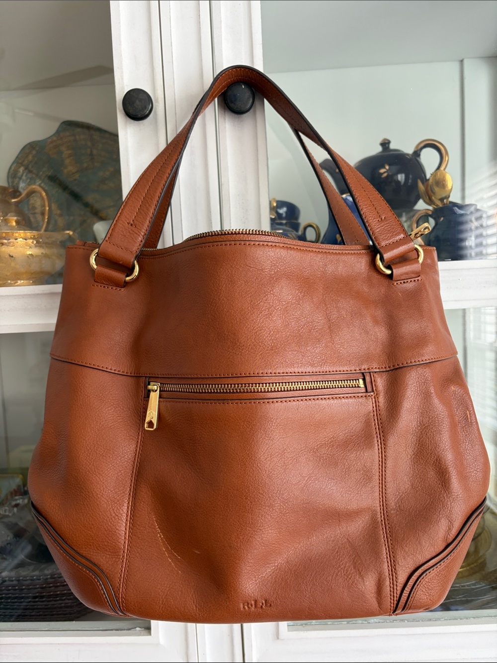 Lauren Ralph Lauren Leather Tote Bag in Cognac Brown - Classic Women's Handbag